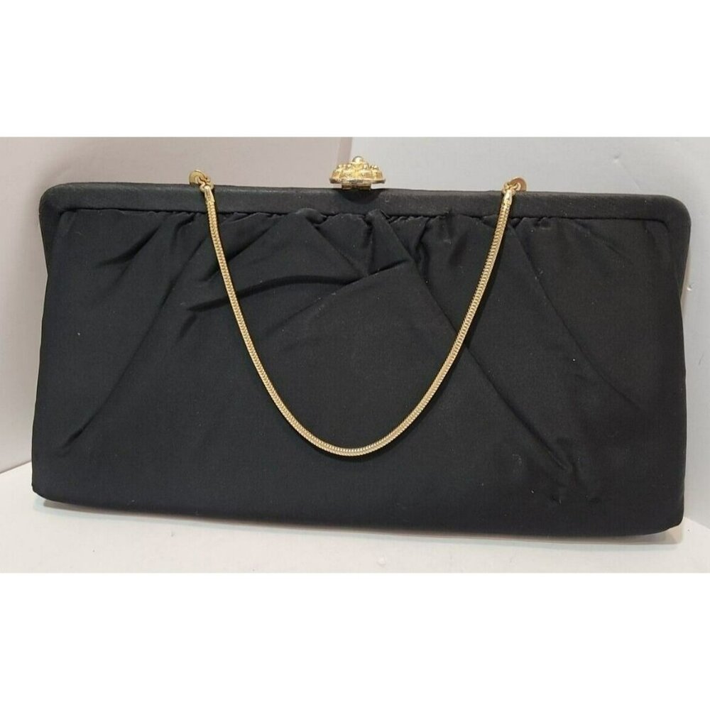 Vtg Bobbie Jerome Black Fabric Evening Purse Satin Interior W/Gold Chain & Clasp